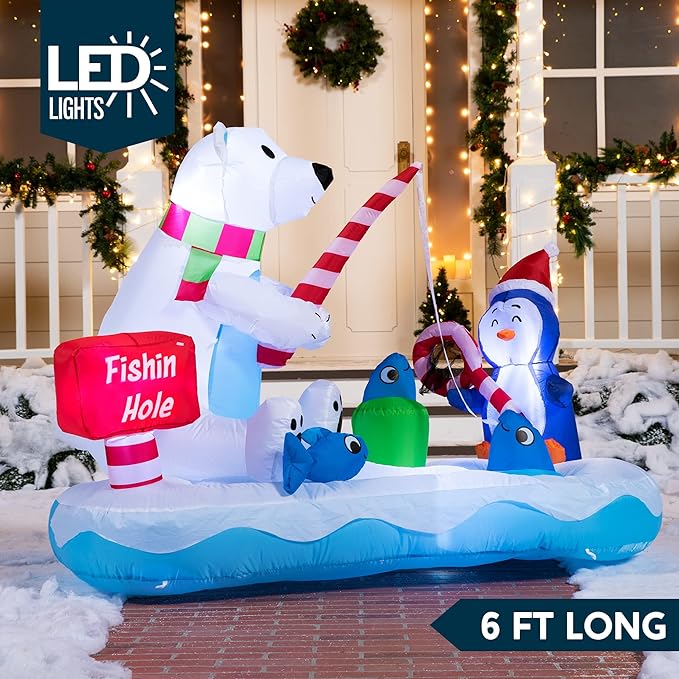 Joiedomi 6 FT Long Christmas Inflatable Penguin & Polar Bear Decoration, Blow Up Yard Decoration Fishing Hole Sign with Build-in LEDs for Christmas Party Indoor Outdoor Yard Garden Lawn Decorations