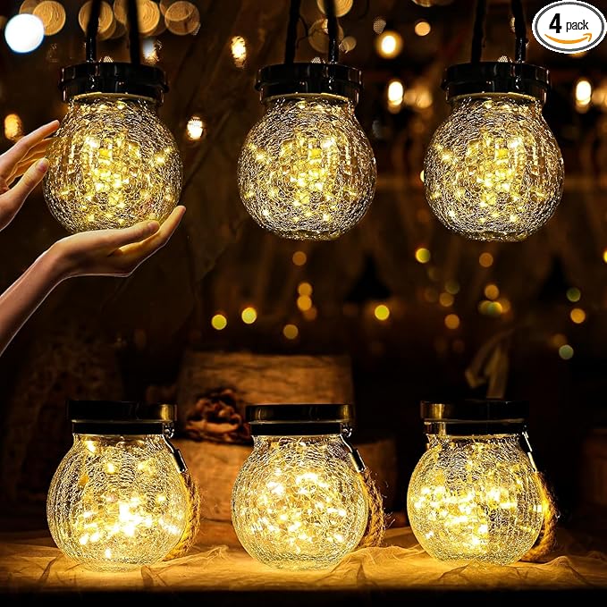 Cooo Christmas Gifts 4 Pack Heavy Crackle Glass Solar Lantern with 30 LED Firefly Lights– Waterproof Outdoor Hanging Lamp 215% Larger Solar Panel, Stainless Steel Lid Decorative Lighting for Garden