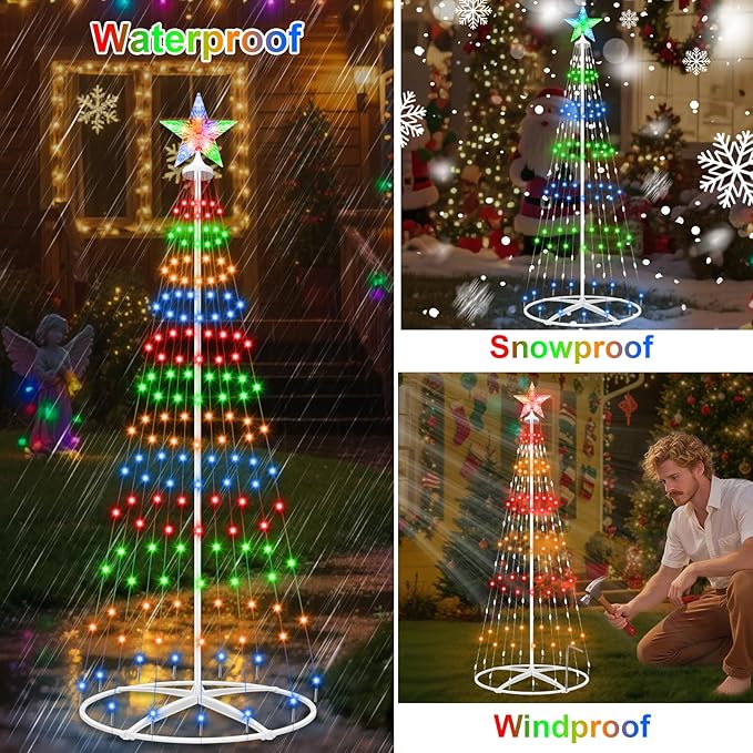 Forlivese 156LED Outdoor Solar Christmas Tree Lights, 4FT Lighted Artificial Cone Tree with Remote, 8 Modes, USB Charge, Timer & Waterproof Christmas Tree Decor for Garden Yard Patio, Multicolor