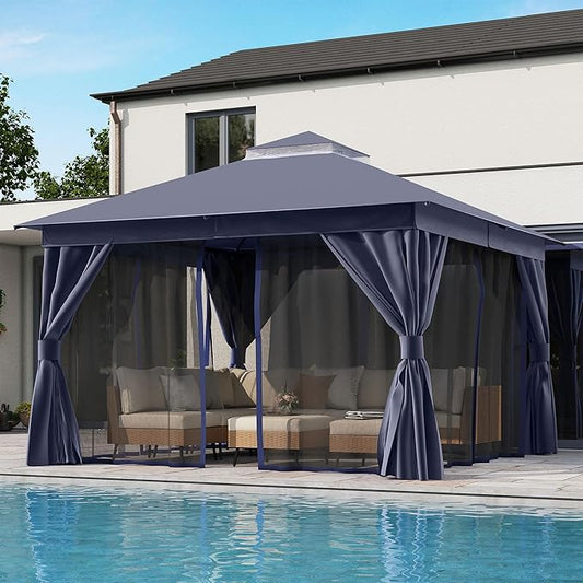 LAUSAINT HOME Semi-Permanent Outdoor Patio Gazebo 12'x12' with Expansion Bolts, Heavy Duty Party Shelter with Double Roofs, Mosquito Nettings and Sidewalls for Backyard, Garden, Lawn, Navy Blue