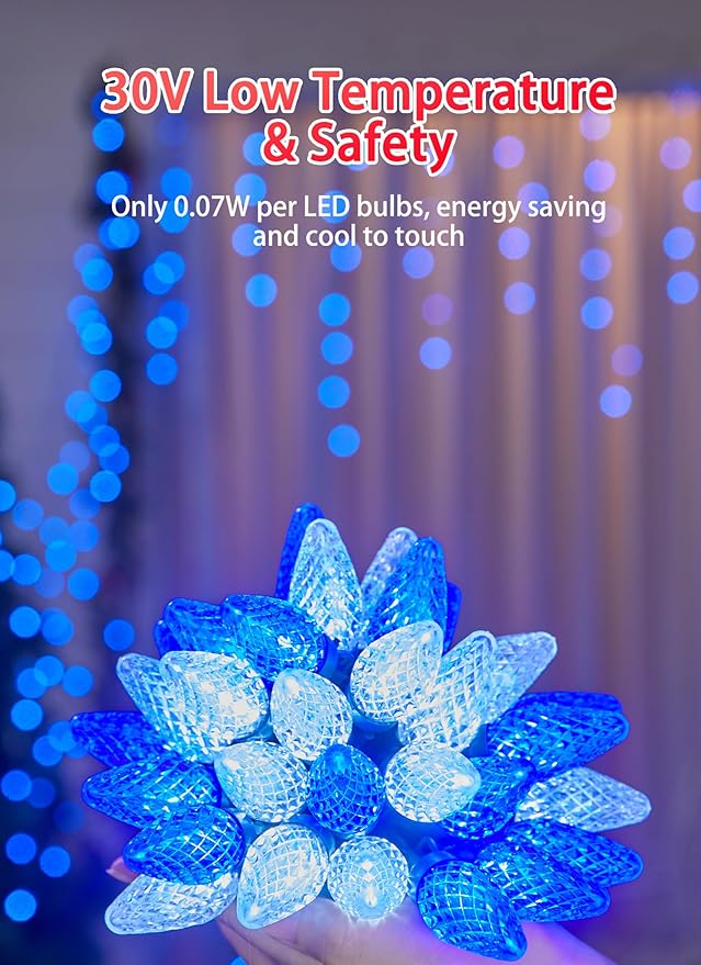 C9 LED Christmas Lights Outdoor, 81 Feet 100 LED String Lights with Timer & 8 Light Mode, Waterproof Connectable Christmas Tree Lights for Outside Indoor Roofline Patio, Blue & Pure White 2 Pack