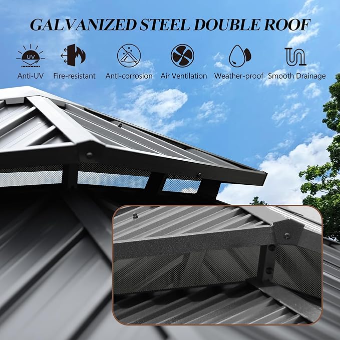 GARTOO 12'x14' Outdoor Hardtop Gazebo with Double Roof - Heavy-Duty Galvanized Steel Top Aluminum Frame Gazebo with Breathable Netting & Privacy Curtain for Patio, Porch, Garden, Lawn, Deck, Backyard