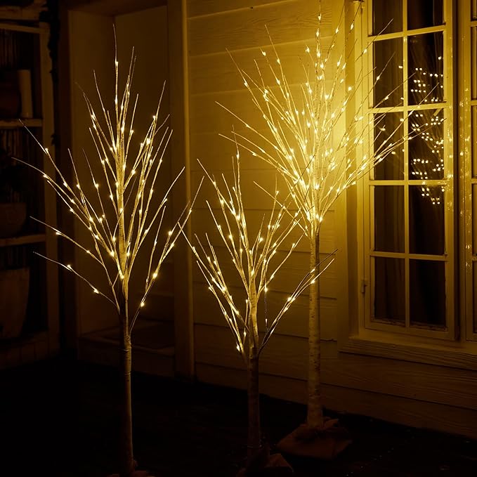Outdoor Christmas Decoration Lighted Birch Tree, 3 Packs LED Prelit Light up Tree with Burlap Decor, Warm White, Power Supply by Adaptor, Xmas New Year Indoor&Outdoor Decor(4FT&5FT&6FT)