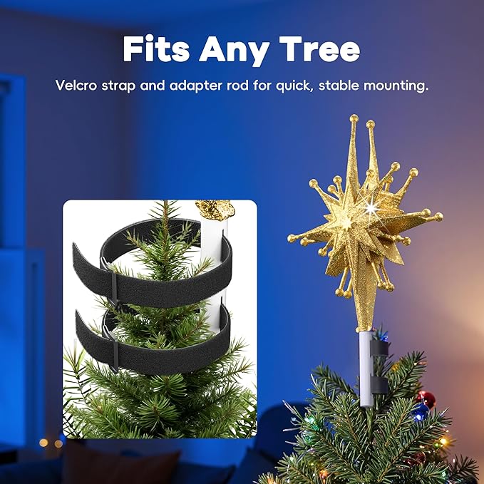 2025 Upgraded Christmas Tree Topper Projector Light with Rotating Bright LED & Wide Coverage, Universal Fit for Any Height Tree, Easy Install, Stable Base, Holiday & Party Decorations (Starlight Gold)