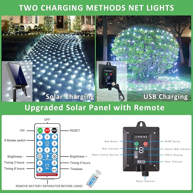 11.5ft x 5ft Solar Net Lights Outdoor, Solar & USB 2 Power Way 240 LED Waterproof Mesh Lights for Bushes, Remote Control 8 Modes String Light Trees Patio Garden Christmas Indoor Decor (Cool White)