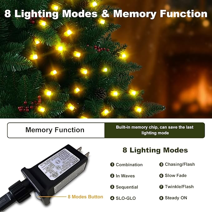 String Lights Outdoor & Indoor, 2Pack 600 LED Christmas Lights, 210ft Plug-in Waterproof Twinkle Light with 8 Modes for Xmas Tree Halloween Wedding Party Garden Patio Decorations(Warm White)