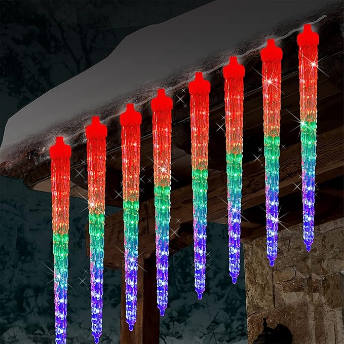 WATERGLIDE Meteor Shower Lights, 12" Outdoor Icicle Christmas Lights 8 Icicles 192 SMD LED Crystal Ice Falling Light, Connectable Raindrop Light, Xmas Winter Party Tree Holiday Decor, Multicolor