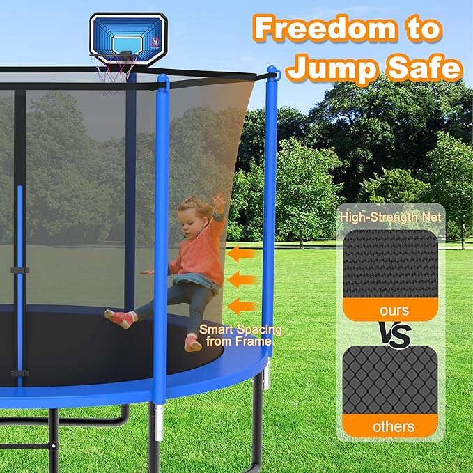DeepRoar 2026 Upgraded 8FT 10FT 12FT 14FT 15FT 16FT Outdoor Tranpoline for Kids, Big tranpoline with Basketball Hoop, Lights, Sprinkler & Socks, Heavy Duty tranpoline 1500LB, ASTM Approved Tranpoing