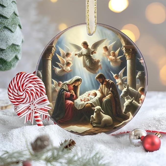 Nativity Christmas Decorations, 3.5 Inch Ceramic Religious Christmas Ornament, Christmas Tree Ornaments, Christian Gifts for Kids, Religious Gifts for Women, Xmas Gifts for Mom, Merry