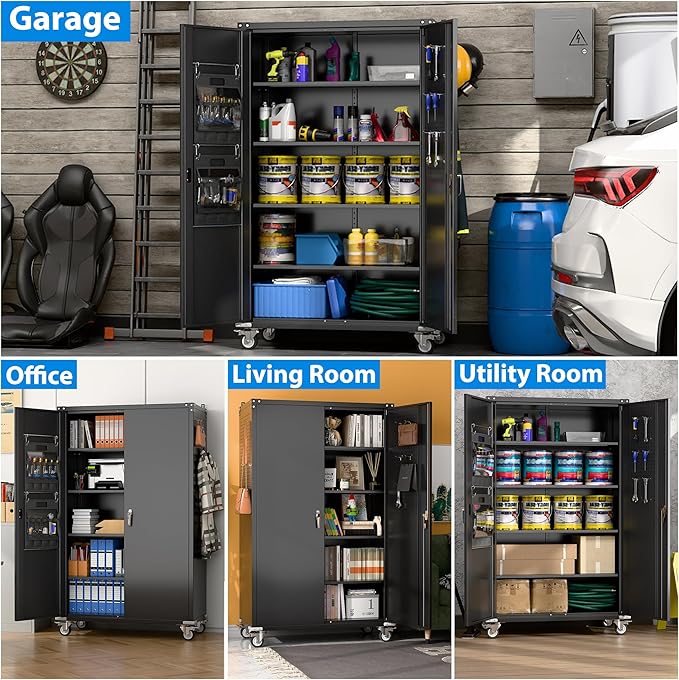 Aobabo Extra Large Garage Storage Cabinet on Wheels, Metal Storage Cabinet with 4 Shelves, 3 Pegboards and 2 Tool Pouches for Home Office Stash, Assembly Required, (Black,43.3''W x 21.9''D x 72''H)