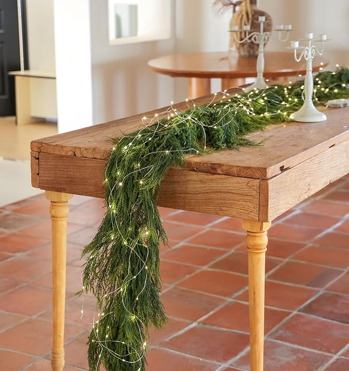 9ft Handmade Christmas Garland,Cedar Artificial Greenery with LED Lights,Seasonal Garland for Fireplace Indoor Outdoor Winter Holiday Decoration