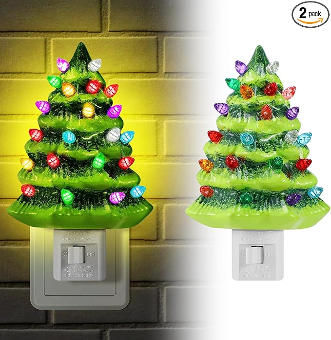 Bigmeta 2 Pack Vintage Christmas Tree Night Light Decor - 360° Rotating Plug Resin Decorations for Home Bedroom Bathroom Christmas Holiday Gifts, Green