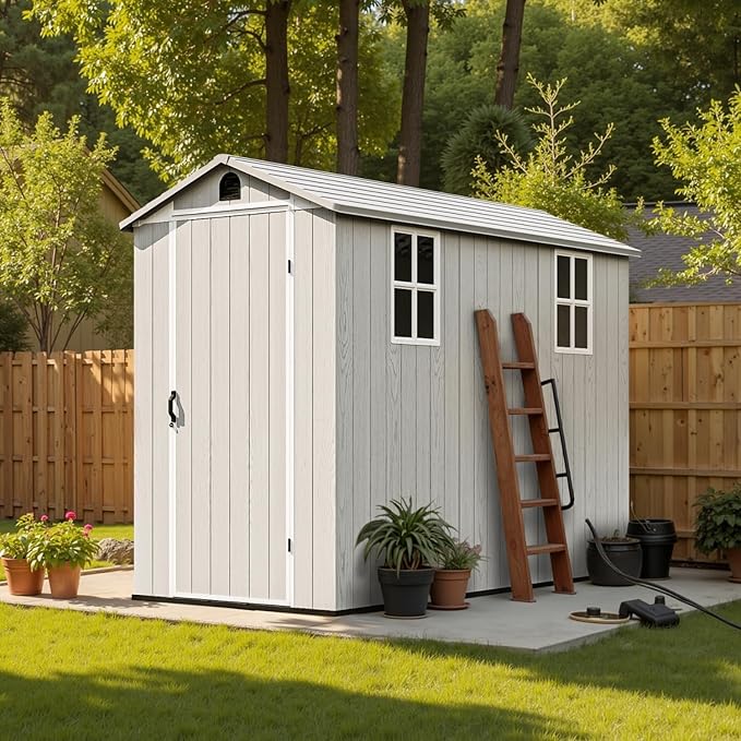 Patiowell 4 x 8 FT Plastic Outdoor Storage Shed with Floor, Garden Tool Shed with Two Windows and Single Lockable Door for Garden, Backyard, Lawn, Easy to Install, Light Grey(Fit-it Shed)