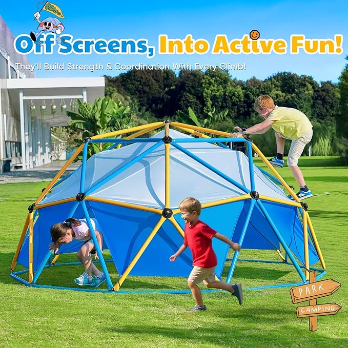 Zupapa New Upgraded Outdoor Geometric Dome Climber with Tent, 1000LBS Weight Capability, 3D Assembly Video, Suitable for 1-6 Kids Climbing Frame (Blue+Yellow, 10FT)