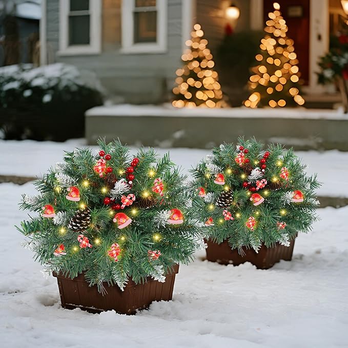 DR.DUDU 15 Inch Outdoor Christmas Decorations Urn Filler for Front Porch- 2 Pack Lighted Christmas Pot Fillers with Stake, Xmas Pine Trees with Timer for Outside Home Décor