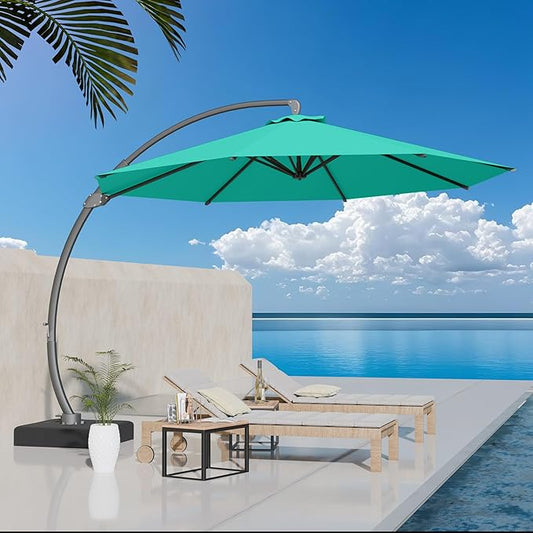 Kingdura 12ft Offset Cantilever Patio Umbrella with Base Included, Large Round Aluminum Outdoor Umbrella, 360° Rotation & Infinite Tilt, Heavy Duty Frame for Deck Pool Backyard, Turquoise blue
