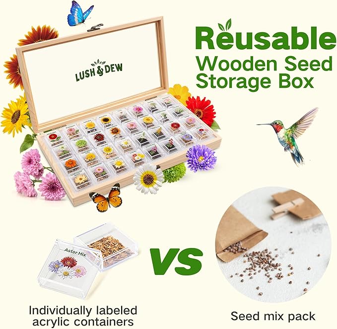LUSH&DEW Cut Flower Seed Bank, Gift for Women Men, 32 Types Non-GMO Annual & Perennial Wildflower Seeds for Planting in Raised Garden Bed Greenhouse, Seed Storage Organizer, Zinnia Sunflower Zone 3-10