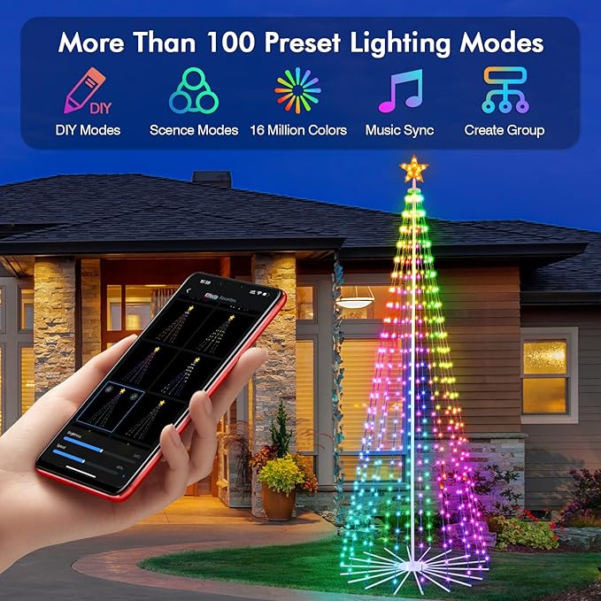 9FT Outdoor Christmas Tree, RGB Color Changing Pre-lit Smart Cone Christmas Tree with LED Lights, App&Remote Control, DIY Multi-Color Lightshow, Music Sync, Christmas New Year Decoration
