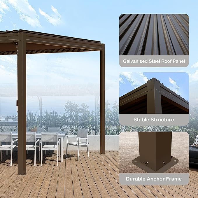 10’ x 10’ Louvered Pergola, Outdoor Pergola Aluminum Frame with Adjustable Rainproof Metal Roof, Permanent Sun Shade with Drainage System for Backyard, Garden and Lawn (Dark Brown)