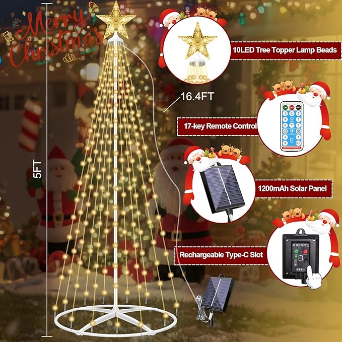 202LED Outdoor Solar Christmas Tree Lights, 5FT Lighted Artificial Cone Tree with Remote, 8 Modes, USB Charge, Timer & Waterproof Christmas Tree Decor for Garden Yard Patio, Warm White