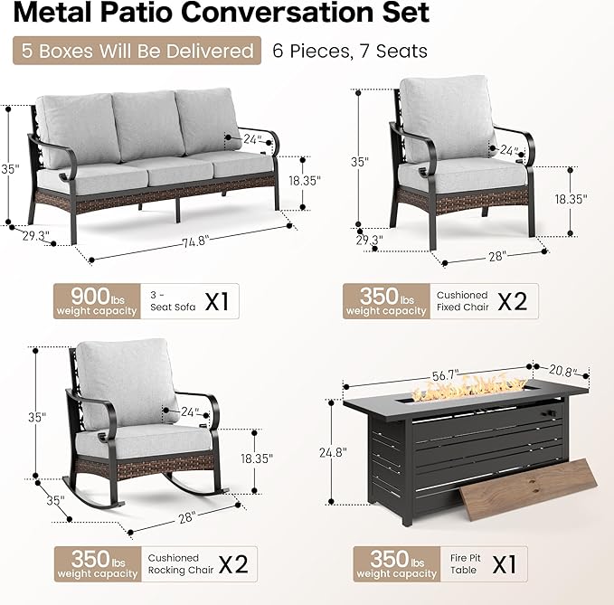 5 Piece Black Metal Outdoor Patio Furniture Sets with Firepit Table, Patio Conversation Sets 1 3-Seater Sofa, 1 Loveseat, 2 Rocking Sofa with 5.75" Cushion for Backyard, Light Gray