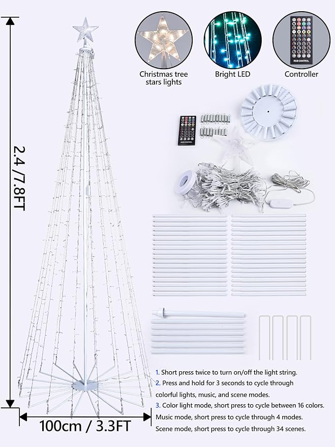Flacchi Smart Christmas Cone Tree Lights - Star Tree Topper with Removable Bracket, App Control, Sync with Music, Waterfall Colored Lights for Indoor Outdoor Xmas Decorations (7.8FT/ String Lights)