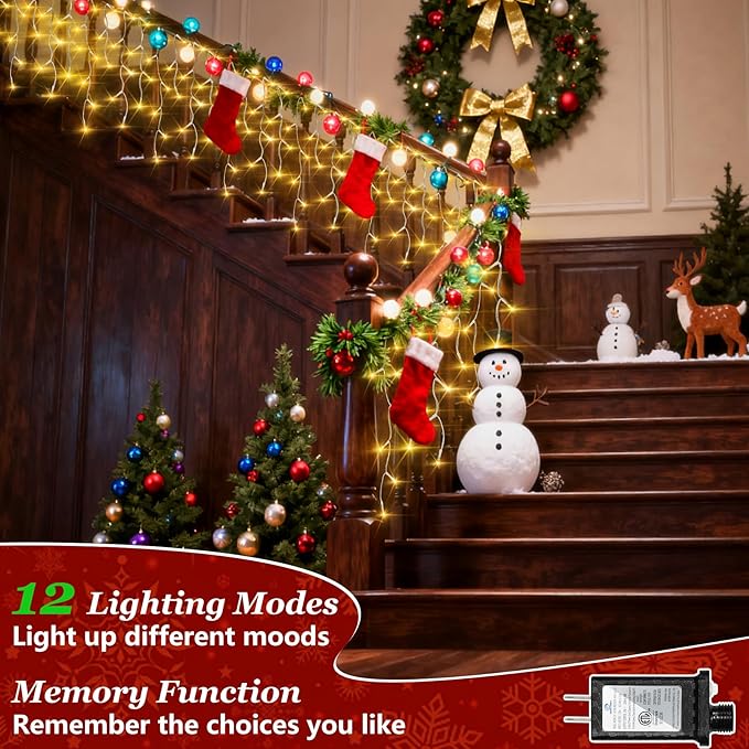 810 LED Christmas Lights Outdoor Indoor, 82ft Warm White String Lights with 180 Drops, 12 Modes Dimmable Curtain Lights with Timer, Waterproof Twinkle Fairy Lights for Bedroom Window Xmas Decor
