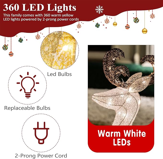5Ft 3-Piece LED Lighted Christmas Deer Family Outdoor Yard Decorations,3D Super Large Christmas Reindeer Decor,Outdoor Lighted Holiday Deer with 360 LED Displays for Patio,Lawn & Garden-Gold