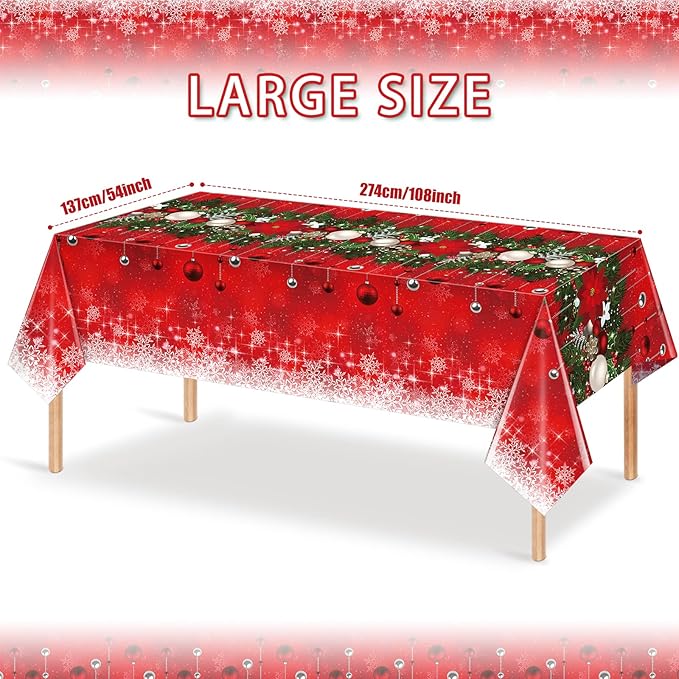 Jectivs 3Pieces Merry Christmas Tablecloth Plastic Christmas Tree Ball Table Cover Rectangle Winter Snowflake Tablecloth for Merry Christmas Holiday New Year Eve Party Decorations Supplies,54x108inch
