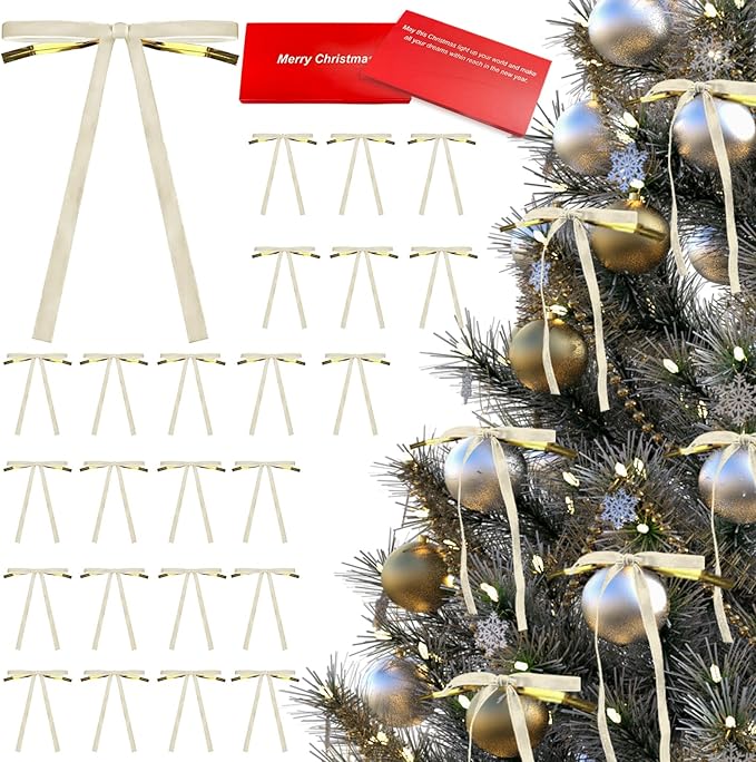 24 Pcs Velvet Bows for Christmas Tree Ribbon Bows for Home Tree Garland Wreath Indoor Rustic Crafts Gift Xmas Decorations Holiday Wedding Outdoor (Beige)