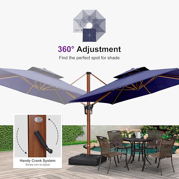 PURPLE LEAF 10' X 13' Double Top Deluxe Wood Pattern Rectangle Patio Umbrella Offset Hanging Umbrella Outdoor Market Umbrella Garden Umbrella, Navy Blue