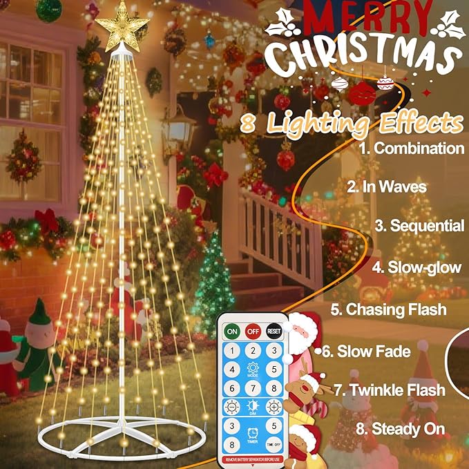 202LED Outdoor Solar Christmas Tree Lights, 5FT Lighted Artificial Cone Tree with Remote, 8 Modes, USB Charge, Timer & Waterproof Christmas Tree Decor for Garden Yard Patio, Warm White