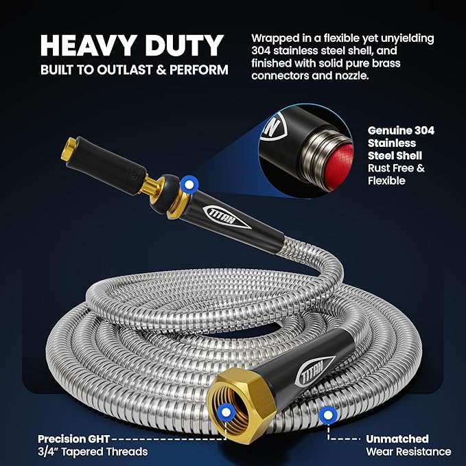 TITAN Garden Hose 30FT - 304 Stainless Steel Metal Water Hose, Flexible, Kink-Free, Lightweight, Durable, Crush Resistant Fittings, Easy to Coil, 500 PSI