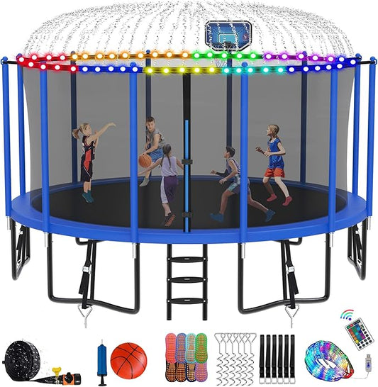DeepRoar 2026 Upgraded 8FT 10FT 12FT 14FT 15FT 16FT Outdoor Tranpoline for Kids, Big tranpoline with Basketball Hoop, Lights, Sprinkler & Socks, Heavy Duty tranpoline 1500LB, ASTM Approved Tranpoing