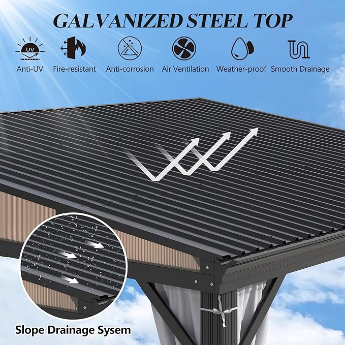 GARTOO 12' x 14' Lean to Hardtop Gazebo for Patio - Aluminum Frame Gazebos Pergola with Sloping Metal Roof, Outdoor Wall-Mounted Canopy Awnings to House for Patio, Garden, Lawn, Backyard Deck