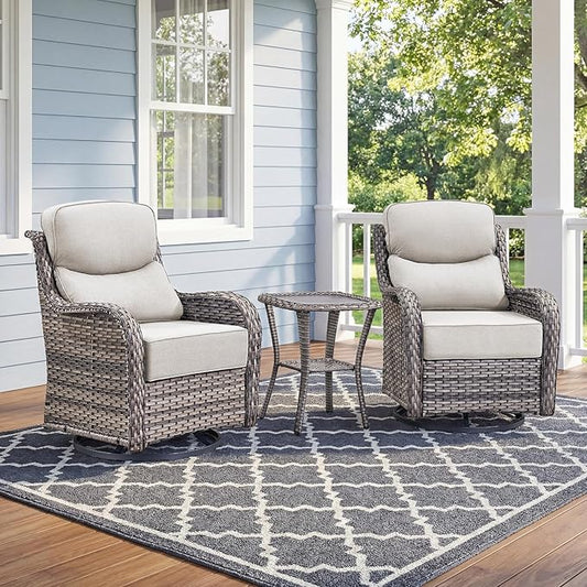 Luxury High Back Outdoor Swivel Rocker Patio Chairs with Side Table & 6-Inch Thick Cushions, 3 Pieces Patio Furniture Set for Porch, Balcony, Deck and Yard