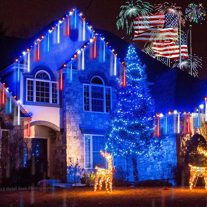 2-Pack Christmas Decorations Lights Outdoor, Total 432LED Meteor Shower Light with Timer, 30cm 18 Tubes Indoor Outdoor Snow Cascading String Light for Xmas Tree Party Garden Decor (Red White and Blue)