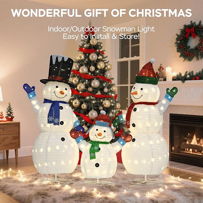 62"/60"/35" Large 3D Pop-Up Snowman Set, Lighted Snowman Family Outdoor Christmas Decor with 250 Warm White LEDs, Ground Stakes, Holiday Lawn Yard Garden Decorations, Set of 3
