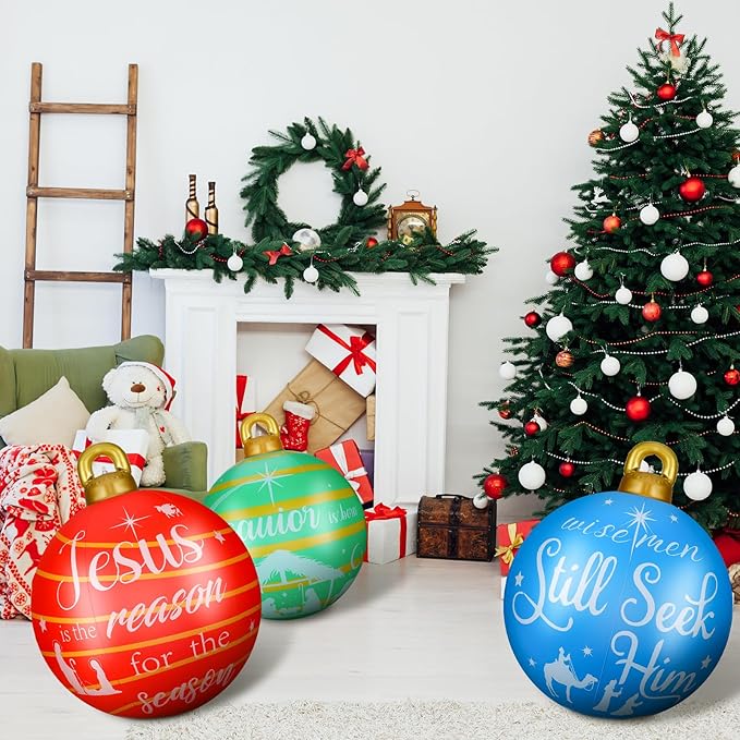 Jetec 4 Pcs Giant Inflatable Christmas Ball Large Xmas Inflatable Ornaments PVC Outdoor Holiday Blow Ball Outside Yard Lawn Porch Decorations (Religious,Cute Color)