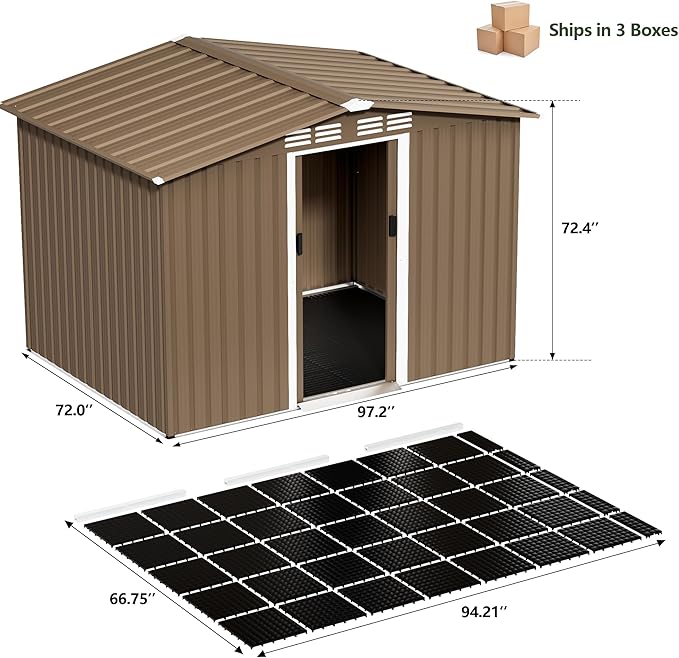 8x6FT Outdoor Storage Shed with Floor,Lockable Sliding Doors Outdoor Waterproof Tool Storage Sheds,Metal Storage Shed for Garden, Patio, Backyard(Brown)