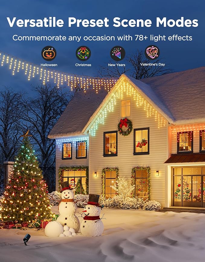 Govee Icicle Lights, Smart RGBIC Christmas Lights for Outside, 66ft with 800 LEDs Icicle Light for Outdoor, IP67 Waterproof, Music Sync, Voice Control, 78+ Scene Modes for Christmas Decor