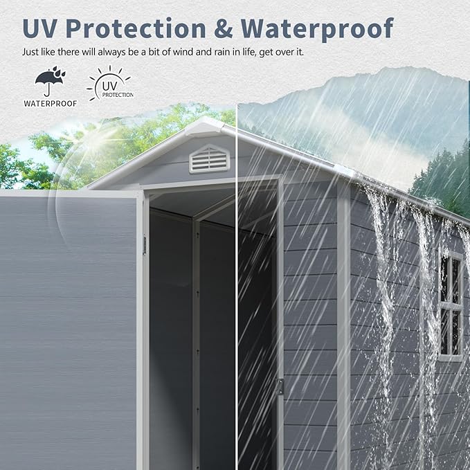 4x6 FT Resin Storage Sheds Outdoor with Floor, Windows & Lockable Door Storage Shed - Waterproof Garden Tool Shed, Patio & Backyard Tool Storage Cabinet Use - Grey