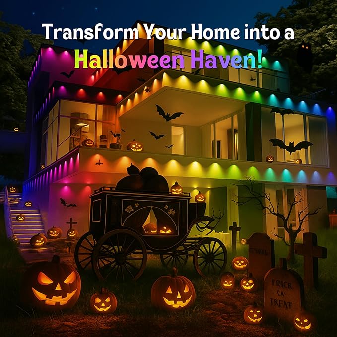 HUTAKUZE Permanent Outdoor Lights, 150ft RGB Outdoor Christmas Lights with 90 LED Light, IP67 Waterproof LED Eaves Light, DIY Scene Modes for Halloween and Holiday Decor, Smart APP & Remote Control