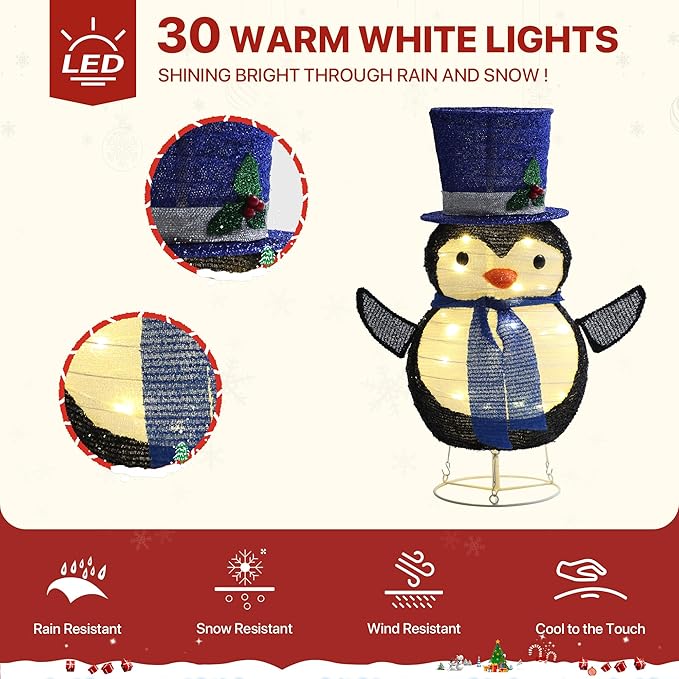 GENIMO Penguin Outdoor Christmas Decorations, 30 Lights Pop-up Lighted Warm White Light Pre-Lit Penguin with Hat for Holiday Decor Outside Indoor Home Lawn Yard Garden Patio Stakes(24 in)