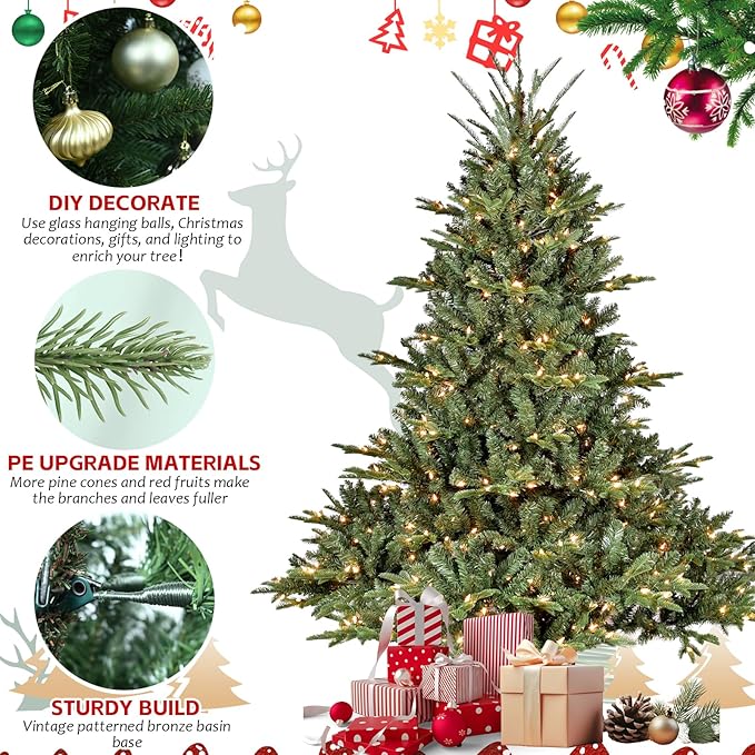 Prelit Christmas Tree 8ft, Artificial Christmas Tree with Lights & Mixed 3258 PE PVC Flame-Retardant Tips, Premium Realistic Spruce Lighted Up LED Xmas Tree for Office Home Decor with Auto Hinged