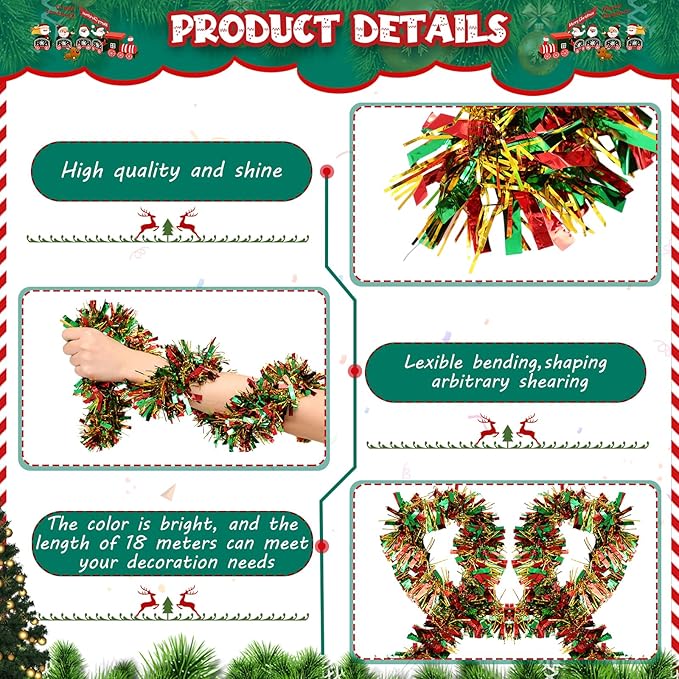 177 Feet Christmas Tinsel Garland Metallic Shiny Hanging Christmas Tree Tinsel Garland Ornaments for Indoor Outdoor Party Wedding Holiday(Red Green Gold)