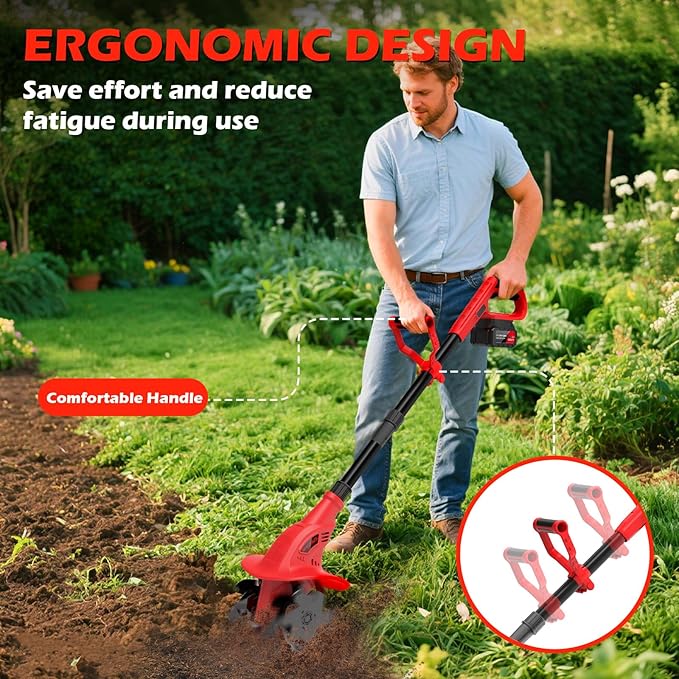 21V Cordless Electric Tiller for Gardening, 360 RPM Garden Tiller with 2¡¿4.0AH Batteries & Charger, 9 Width, 6.3 Depth, Battery Powered Mini Cultivator, Portable Rototiller for Lawn Soil Cultivation
