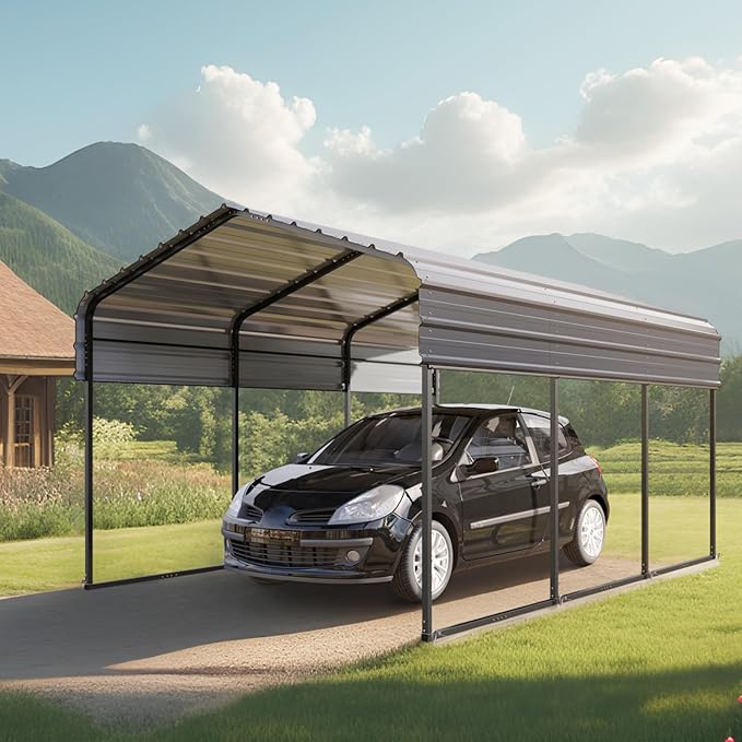 MFSTUDIO Carport 10x15 ft, Outdoor Heavy Duty Metal Shed Carports, Metal Garage Car Shelter Shade Car Port with Galvanized Roof, Frame and Bolts for Cars, Truck and Boats