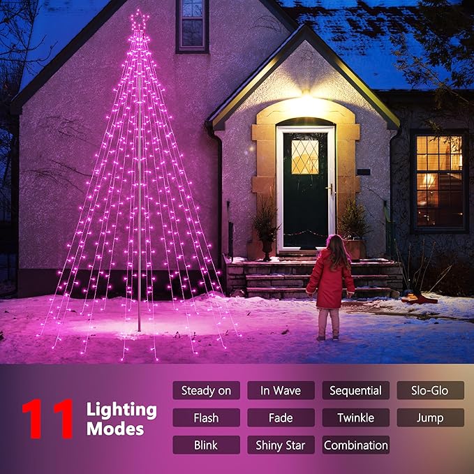 Lomotech Christmas Tree Lights - 10Ft 404 LED with 7.08" Topper, Remote Controll Waterproof Iron Pole Waterfall Lights for Outdoor Christmas Decorations (Pink)