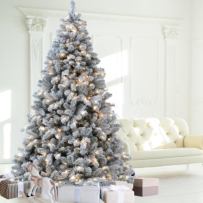 Flocked Christmas Tree, 7.5 ft Prelit Christmas Tree with Lights, 10 Functions, 400 Lights, Spruce Artificial Christmas Tree Prelit with 1832 Realistic Tips & Sturdy Metal Base Easy Assembly